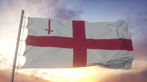 City of London flag, England, waving in the wind, sky and sun background