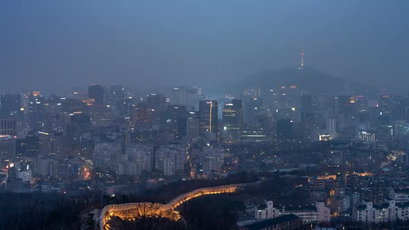 Seoul, Korea, Downtown Seoul from Day to Night as Seen from the Seonbawi Rocks