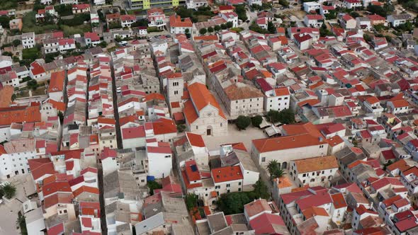 Pag Town From Above With Church of the Assumption of St.Mary In Zadar, Croatia. - aerial