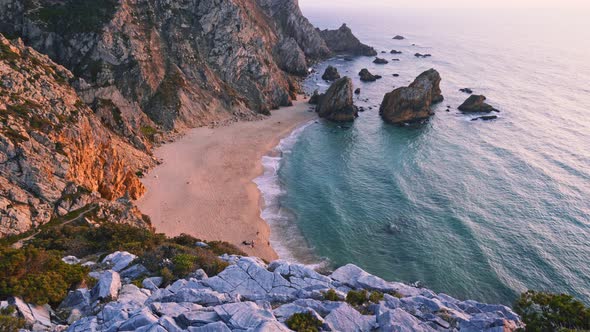  Sunset Footage of Praia Da Ursa Beach with Ocean Waves in Sintra, Portugal