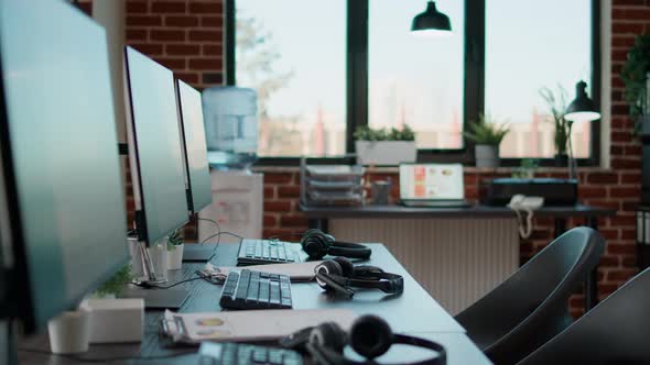 No People at Desk with Multiple Computers in Call Center Office