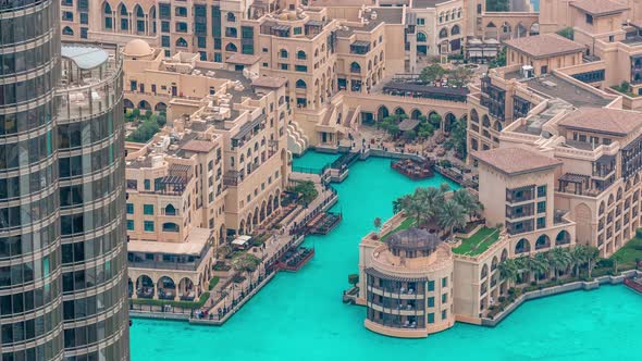 Dubai Downtown with Fountains Area Near Mall and Souk Timelapse