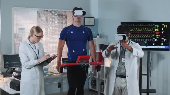 Scientific Sports Lab: Doctor and Athlete Making Test in VR Glasses