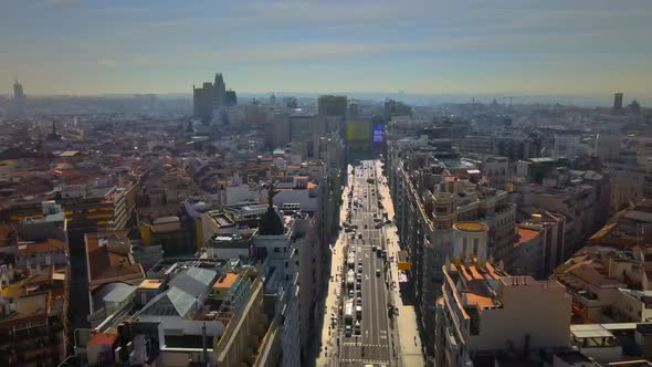 Aerial of main thoroughfare through Madrid Spain