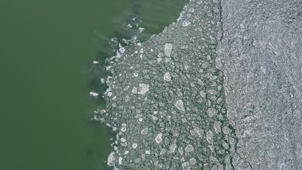 Aerial view of water and ice meeting in Utah Lake