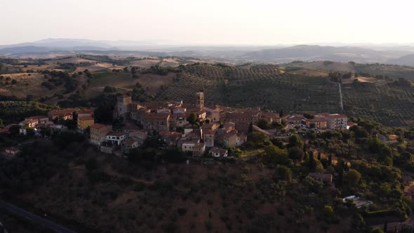 Aerial view of old town of Montemerano, Tuscany, Italy.