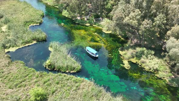 Aerial view of drone 'Azmak' river in the 'Akyaka' town - Gokova / Mugla - TURKEY