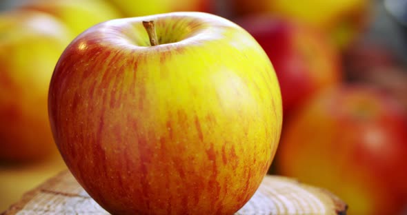 A ripe red-yellow apple rotates around its axis