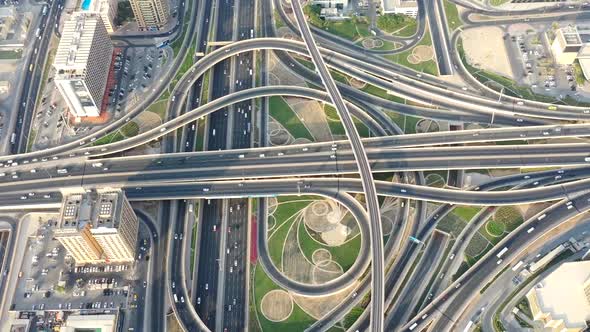 Aerial hyperlapse of big crossroad in Dubai, United Arab Emirates.