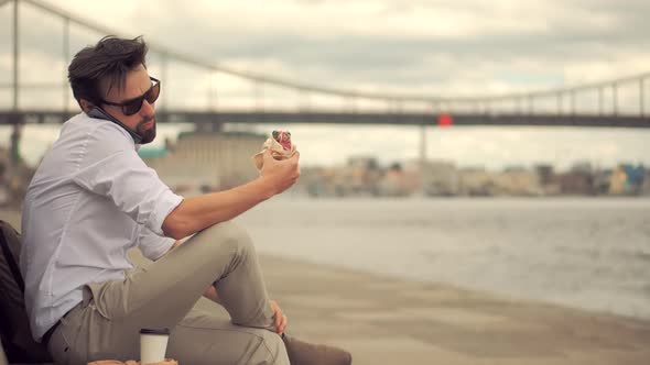 Busy Businessman Lunch Eating Sandwich. Manager Taking Break  Work. Eat Snack In Taking Brake Time.