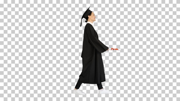 Smiling female student in graduation robe, Alpha Channel