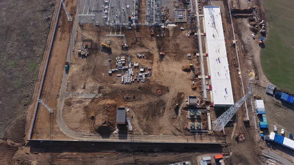 High Angle View on the Massive Construction Site of the Wind Power Station, 