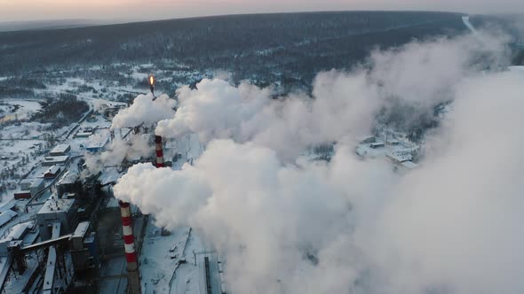 Industrial Zone at Winter Smoking Chimney of Factory