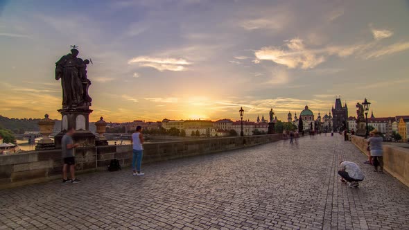 Charles Bridge in Prague During the Sunrise Timelapse Bohemia Czech Republic