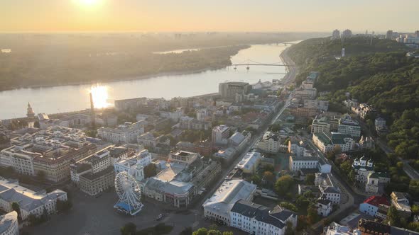 Historical District of Kyiv - Podil in the Morning at Dawn. Ukraine. Aerial View