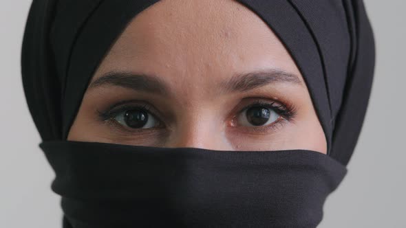 Macro Shot Female Gaze Arabic Woman Girl Blinking Brown Eyes Looking at Camera Feminine Muslim Face