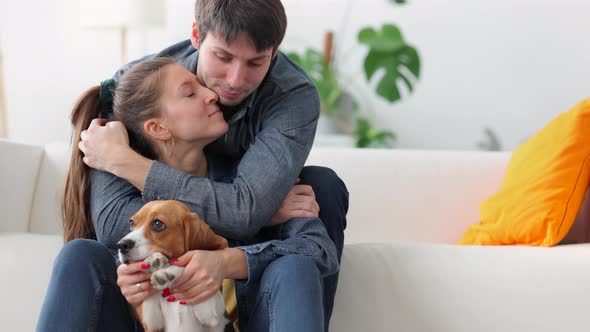 Young Family Couple with Dog Man Hugs Beloved Girlfriend Spbi