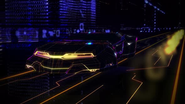 Electric Hologram Neon Lighted Car Cruising Through Digital Cyber Code Cityscape