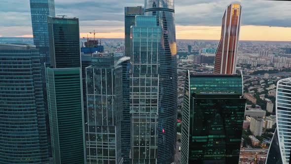 Aerial Drone Tilt Up Shot Close Up of Moscow City