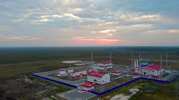 The Drone Flies Up to a Gas Turbine Power Plant That Generates Electricity By Burning Natural Gas to