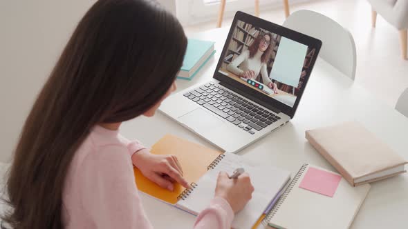 Latin Schoolgirl Having Video Class with Tutor Using Pc Computer at Home