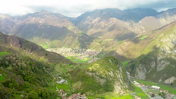 Aerial Video of the Small Town of Pasturo in Lombardy North Italy Showing Mountain Panorama Forest