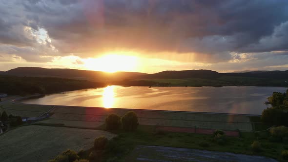 Aerial view of Teply vrch reservoir in Slovakia - Sunset