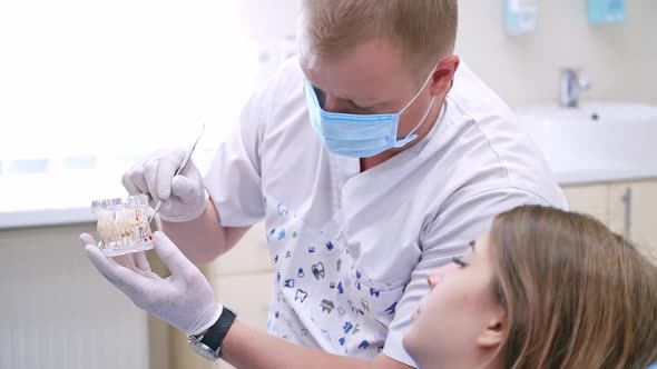 Doctor shows his young blonde woman patient on a plastic jaw sample how he will treat her teeth.