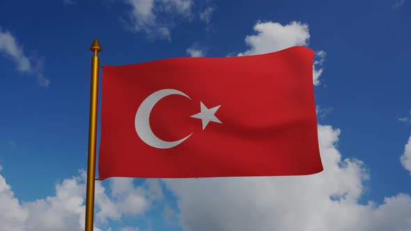 National flag of Turkey waving with flagpole and blue sky timelapse, Turkish
