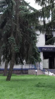 Vertical Video of a Wartorn Police Station in Ukraine