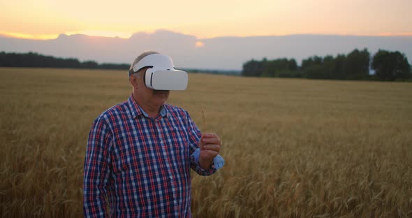 An Elderly Farm Uses a VR Helmet While Standing in a Field at Sunset. Use Gestures for Virtual