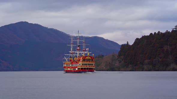 Hakone pirate ship or boat, Hakone Jinja Heiwa no Torii with lake