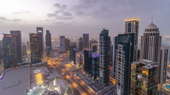 The Skyline of the West Bay Area From Top in Doha Day to Night Timelapse Qatar