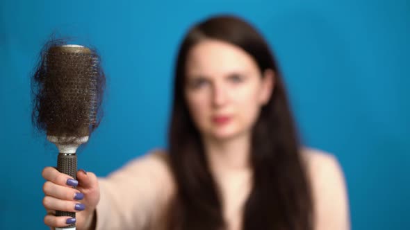 Balding Problem Women, Girl Hand Holding Loss Hair Comb