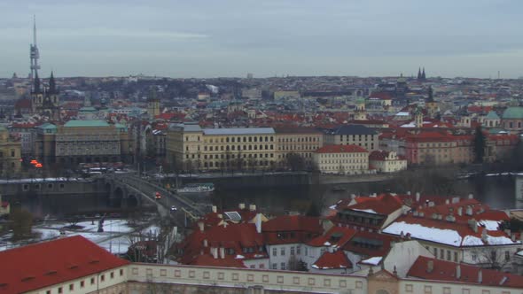 WS, Tracking Left, Skyline City of Praque, Czech Republic at dusk