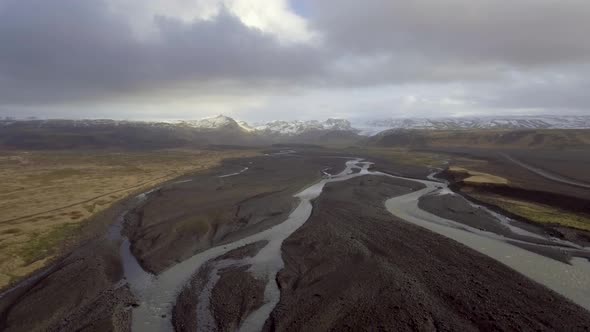 Winter landscape aerial view in Iceland with rivers coming from the mountains