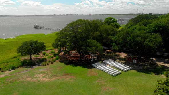 Aerial drone footage of coastal park area in southeastern Mt Pleasant, South Carolina