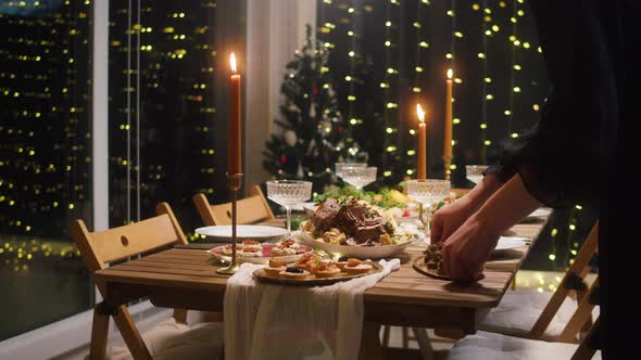 Festive Dinner at Home Burning Candles on Dining Table