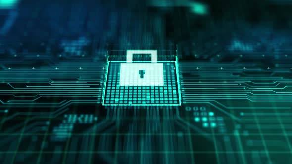 Microchip processing data through computer motherboard circuit with fully protection pad lock symbol