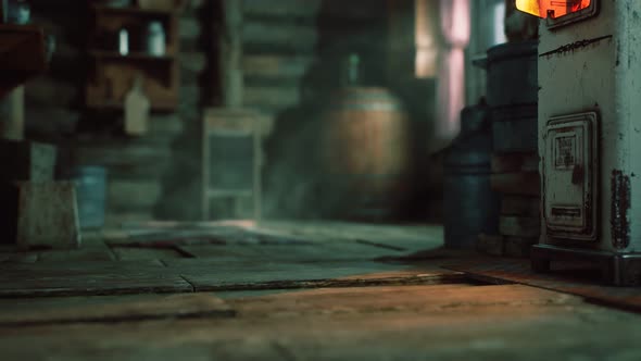 Dark Interior of Retro Log House alt