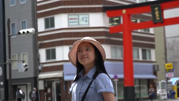 Beautiful Asian Girl Walking In The City On Summer Day,Ueno Tokyo Slow Motion