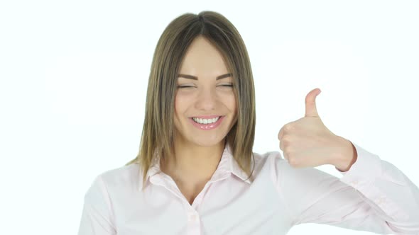 Thumbs Up by Beautiful Woman on White Background