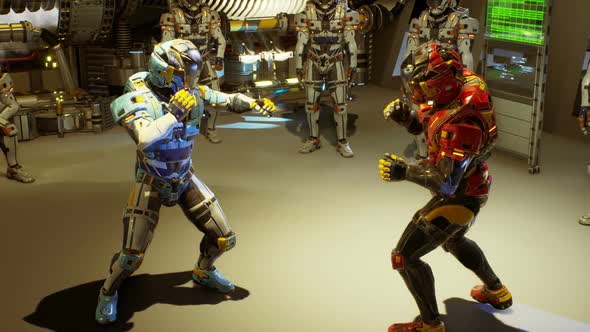 Two Soldiers-Astronauts of The Future are Engaged in Sports alt