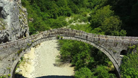 Drone Flying Over Ancient Bridge Kokkinou Greece