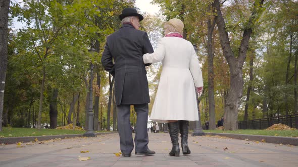 Back View of a Senior Caucasian Couple Walking in the Autumn Park