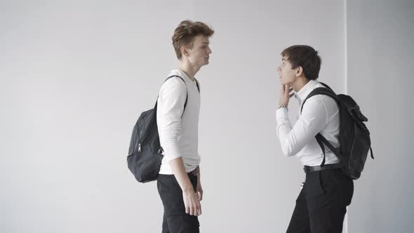 Side View of Angry Teenagers Arguing and Fighting in School Corridor