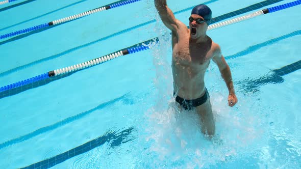 Male swimmer react after winning the race 4k