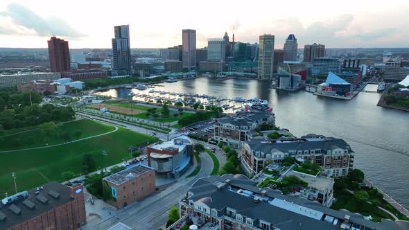 Residential homes on waterfront in Baltimore Maryland Inner Harbor. Upscale apartment houses with vi