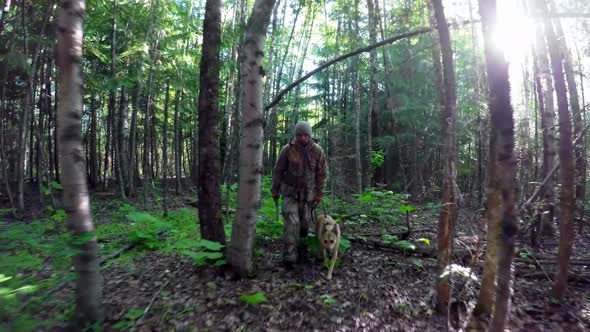 Hunter with dog walking through forest 4k