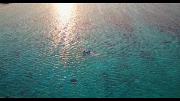 Aerial tourism of idyllic shore beach wildlife by turquoise lagoon with white sand background of a d